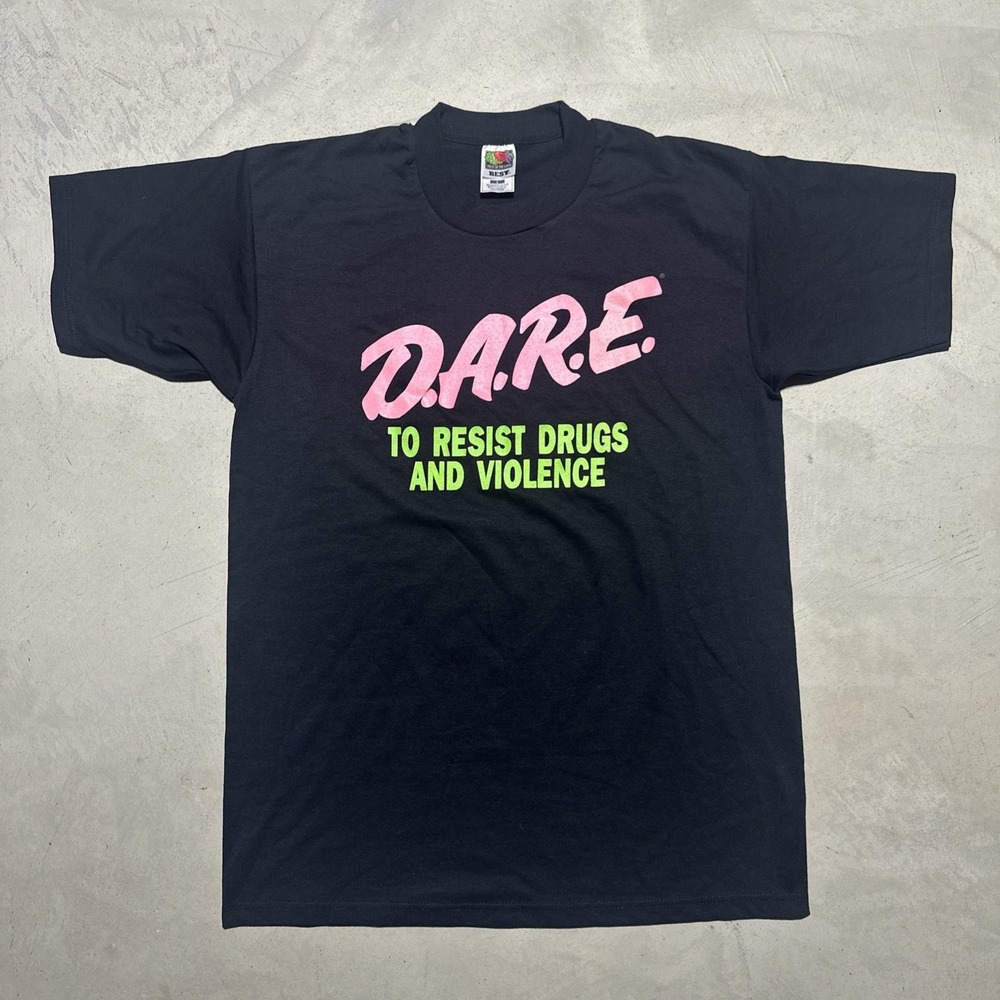 Vintage Black Neon Pink and Green Dare T Shirt Men's SZ Large Y2K New Old Stock